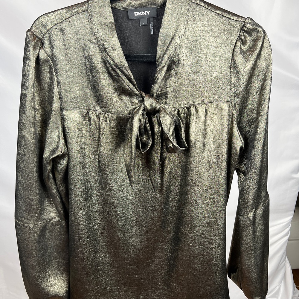 DKNY Metallic Olive Green Tie-Neck Blouse